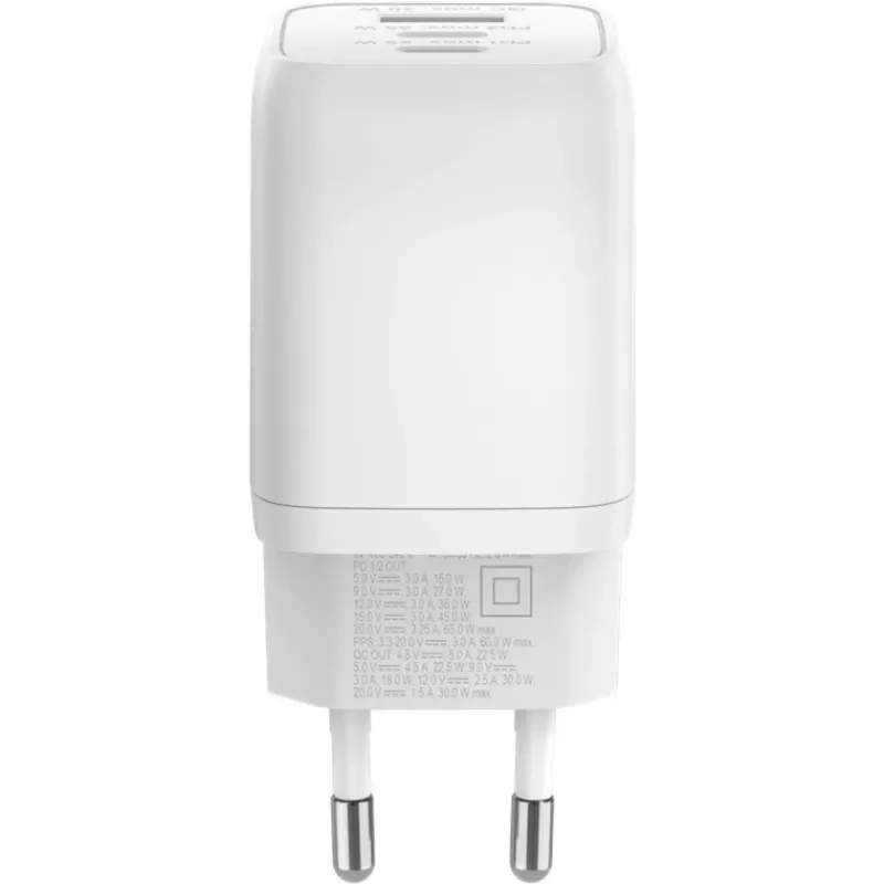 USB-C ātrais lādētājs Nano, PD, GaN, 65 W (Balts, 1x USB-A, 2x USB-C PD, Charge 3.0)