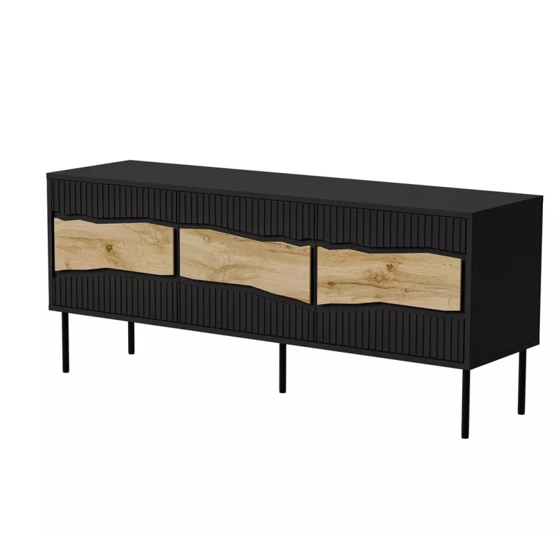TV skapis INSERTO 3D 143.5x40x61.5 cm melns ar LED, skaidu plātnes virsma