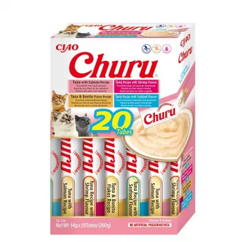 INABA Churu Variety Box Seafood slapjie gardumi kaķiem — 20 x 14 g tūbiņas, zivju pasta, bez graudiem, bez cukura un lipekļa