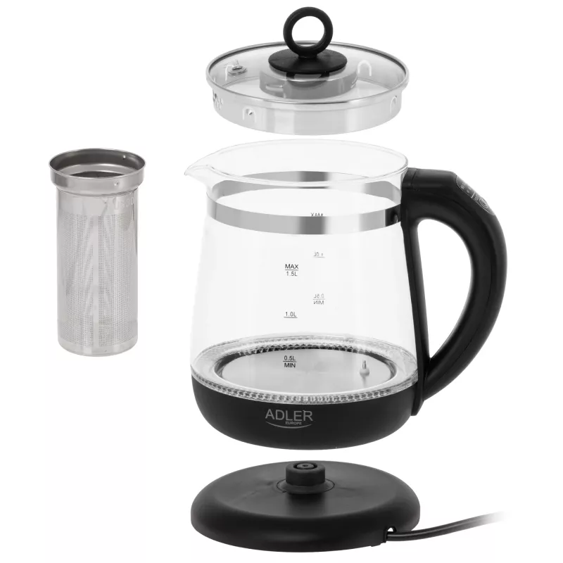 Adler tējkanna AD 1299 | Elektriskā | 2200 W | 1.5 L | Stikla | 360° grozāma pamatne | Melna