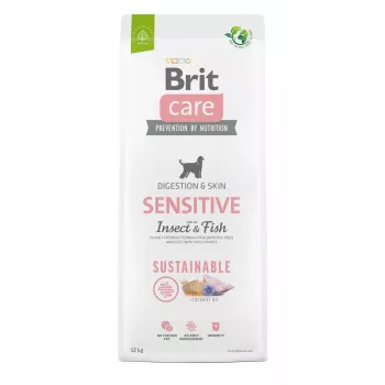 Sausā suņu barība Brit Care Sustainable Sensitive Insect & Fish 12 kg — pieaugušiem suņiem, baltās zivs garša, 25% olbaltumvielas, 13% tauki, hipoalerģiska