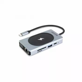 USB-C centrmezgls DICOTA D32059 ar HDMI, RJ-45, USB 4 un bezvadu uzlādi