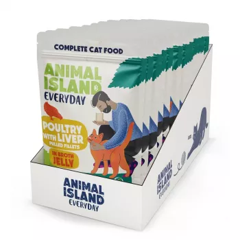 Animal Island Everyday Poultry and Liver in Jelly mitrs kaķu barības multipaka 12 x 85 g, pieaugušiem kaķiem, bez lipekļa un sojas
