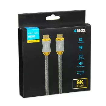 HDMI kabelis IBOX HD08 2 m, HDMI Type A vīriešu–vīriešu, HDMI 2.1, sudraba