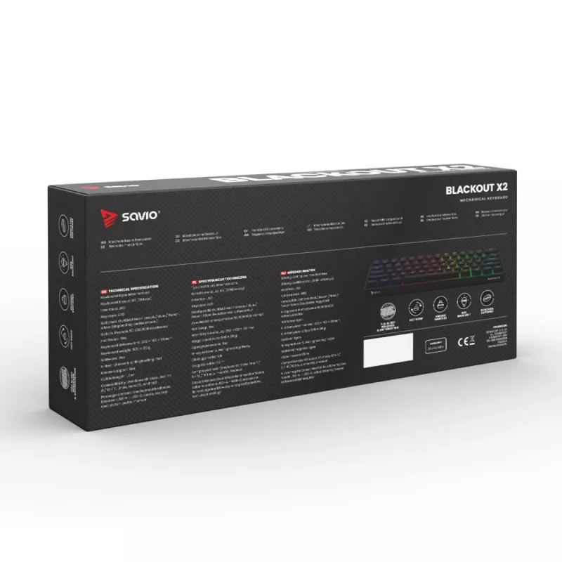 Mehāniskā spēļu tastatūra SAVIO BLACKOUT X2 PEACH — 61 taustiņš 60% QWERTY, RGB LED, hot-swap, USB Type-A/Type-C, atvienojams kabelis