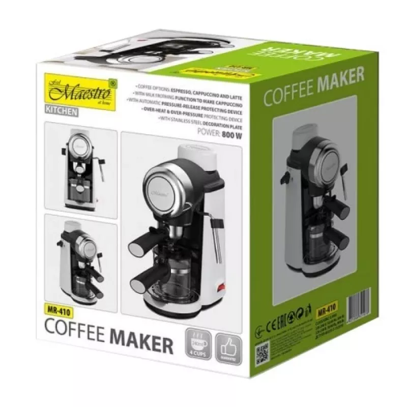 Maestro MR-410 espresso kafijas aparāts ar piena putotāju, 800 W, 3,5 bar, 240 ml ūdens rezervuārs