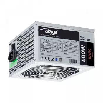 Akyga Basic AK-B1-500 ATX barošanas bloks 500 W, 120 mm ventilators, pasīvais PFC, pelēks
