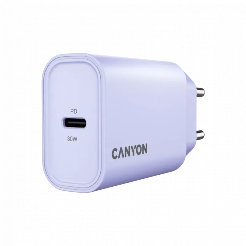 Sienas lādētājs CANYON OnCharge 30CL, 30W USB-C PD, 1x PD izeja, EU spraudnis, Purpurs