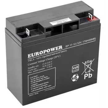 europower EP sērijas noslēgts svina-skābes AGM akumulators 12V 17Ah – kalpošanas laiks 6–9 gadi