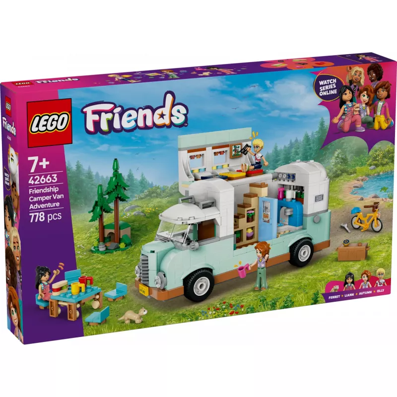 LEGO Motor Home komplekts 42663 — LEGO Friends kemperis, 778 detaļas, 3 minilelles, vecumam 7+