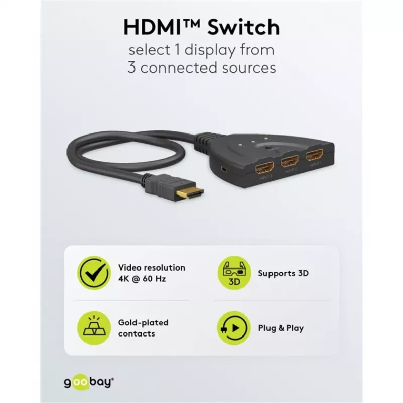 HDMI pārslēdzējs 3:1 (4K @ 60Hz), GOOBAY, melns, 55cm kabelis