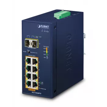 Nepārvaldāms slēdzis PLANET IGS-1020PTF, IP30, 8 porti 10/100/1000T + 2 SFP, PoE+