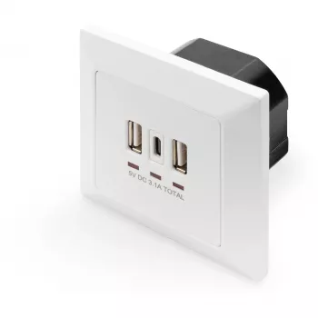 DIGITUS DA-70618 - USB ligzda ar 2x USB-A un 1x USB-C, 3.1 A, signālbaltā (RAL 9003)