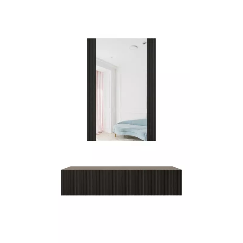 Tualetes galdiņš ar spoguli cama meble PAFOS 80×41.6×100 cm, MDF rāmis, 1 atvilktne, matēti melns