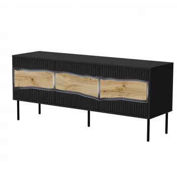 TV skapis INSERTO 3D 143.5x40x61.5 cm melns ar LED, skaidu plātnes virsma