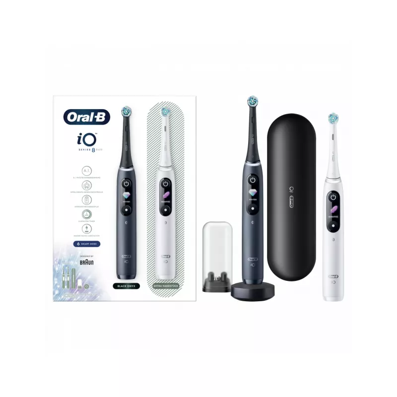 Oral-B iO8 Series Duo elektriskā zobu birste, uzlādējama, 6 režīmi, 2 uzgaļi, Black Onyx/White