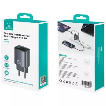 Lādētājs USAMS CC290 T66 45W GaN USB-A + USB-C