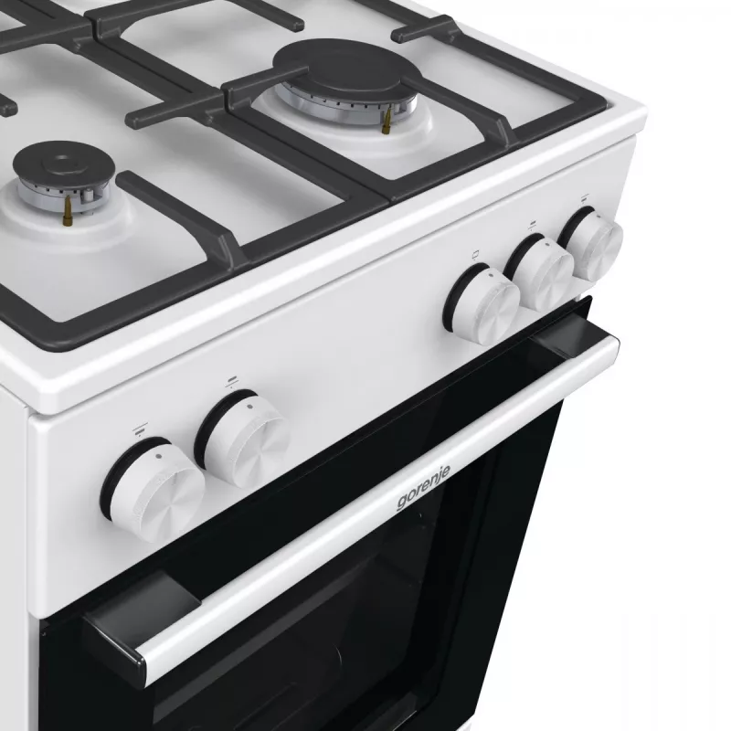 Brīvi stāvoša gāzes plīts ar cepeškrāsni Gorenje GG5A10WFFM — 4 degļu virsma, 70 L cepeškrāsns, emaljēta virsma, balta