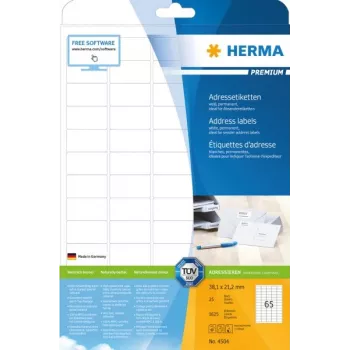 Adrešu etiķetes HERMA Premium A4 38,1x21,2 mm noapaļoti stūri 1625 gab.
