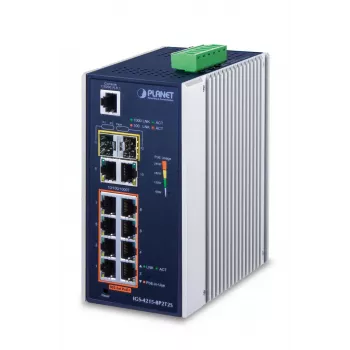 Pārvaldāms tīkla slēdzis PLANET IGS-4215-8P2T2S — 10x Gigabit RJ-45, 2x SFP, 8x PoE+ (240W), 48–56V DC, L2/L4, IP30, DIN/sienas stiprinājums