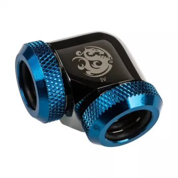 Adapter BitsPower 90° 12mm AD Hardtube pret 12mm AD Hardtube, spīdīgi melns/zils