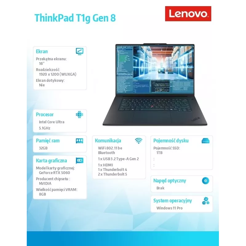 Ultrabook Lenovo ThinkPad T1G G8 255H CPU, 32GB RAM, 1TB SSD, NVIDIA RTX 5080 8GB, 16,0 collu WUXGA, Windows 11 Pro