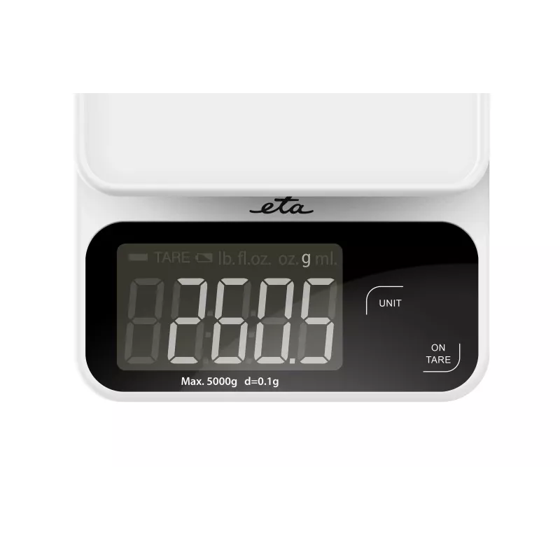 Virtuves elektroniskie svari ETA POPI Balts — max 5 kg, precizitāte 1 g, LCD displejs, AAA baterijas