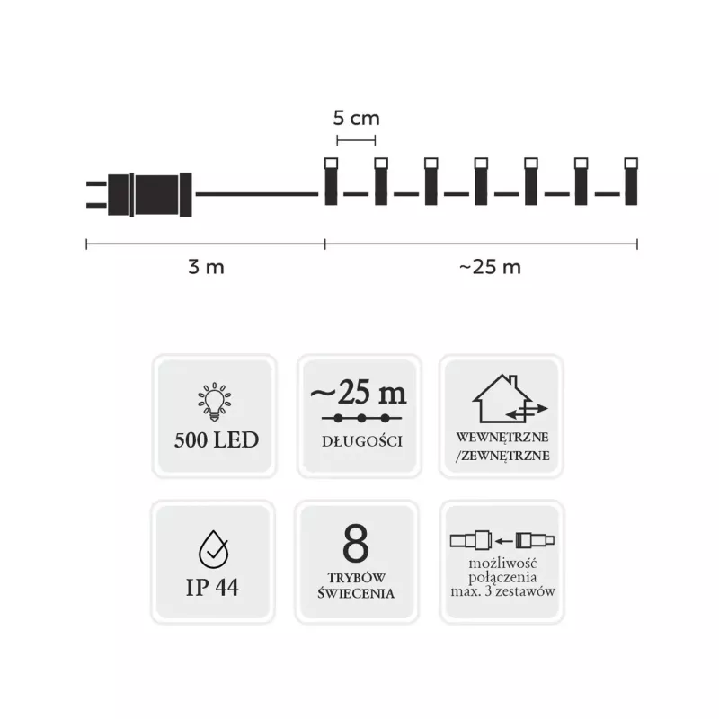 LED lentes komplekts Extralink 500L auksti balta — 3 m + 25 m iekštelpām/ārā