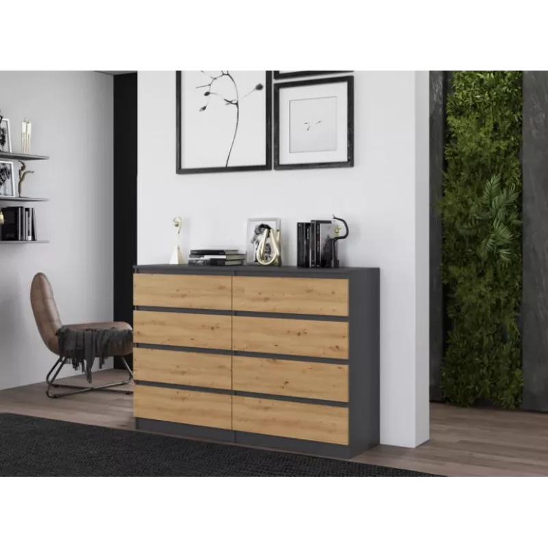 Kumode ar 8 atvilktnēm Top e shop M8 140 ANT/ART — Antracīts/Ozols, 1380×400×970 mm, skaidu plātne