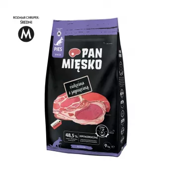 Sausā suņu barība Pan Miesko Teļa gaļa ar Jēru Senior Crunchy M 9 kg — Pilnvērtīga diēta vecākiem vidēja izmēra suņiem, 23% olbaltumvielas, 15% tauki