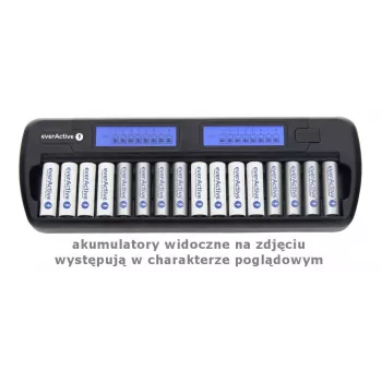 Lādētājs akumulatoriem everActive NC-1600 — universāls līdzstrāvas lādētājs NiMH baterijām, 16 sloti, izmēri AA/AAA/C, melns, AC 100–240V 50–60Hz