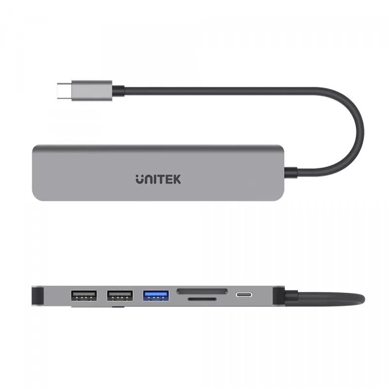 USB-C centrmezgls Unitek 7in1 Alumīnijs PD 100W 5 Gbps — daudzportu adapteris ar Power Delivery
