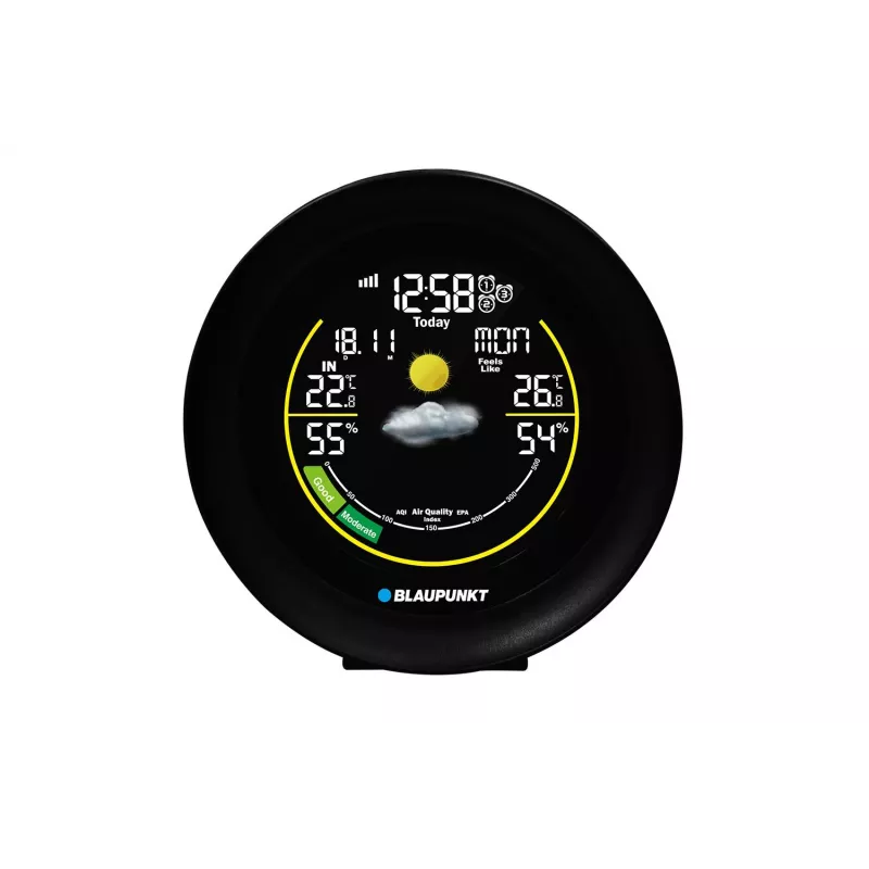 Laika stacija BLAUPUNKT WS35BK APP — LCD displejs, temperatūra un mitrums, modinātājs, kalendārs, lietotnes savienojums, 94×94×27 mm