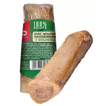 MACED Bone ar liellopa gaļas pildījumu, dabisks košļājamais našķis suņiem, 150 g, samazina zobakmeni