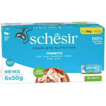 Slapjā kaķu barība Agras Pet Foods Schesir Tuncis želejā 6×50 g (300 g), viena proteīna avota, pieaugušiem kaķiem, bez sojas un lipekļa