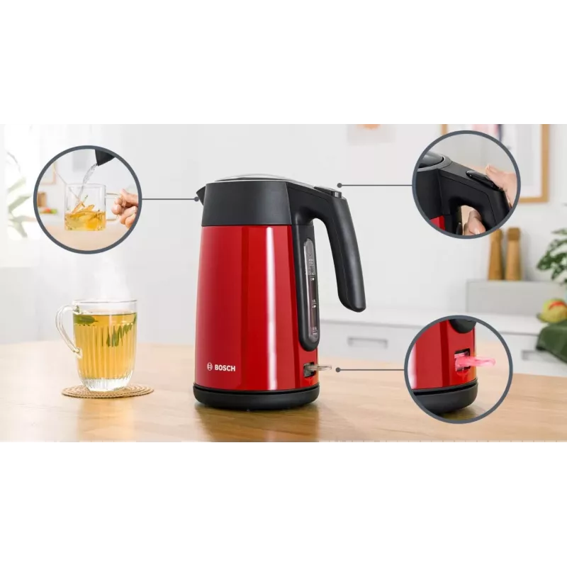 Elektriskā tējkanna Bosch TWK7L464 — 1,7 L, 2400 W, sarkana, plastmasas korpuss