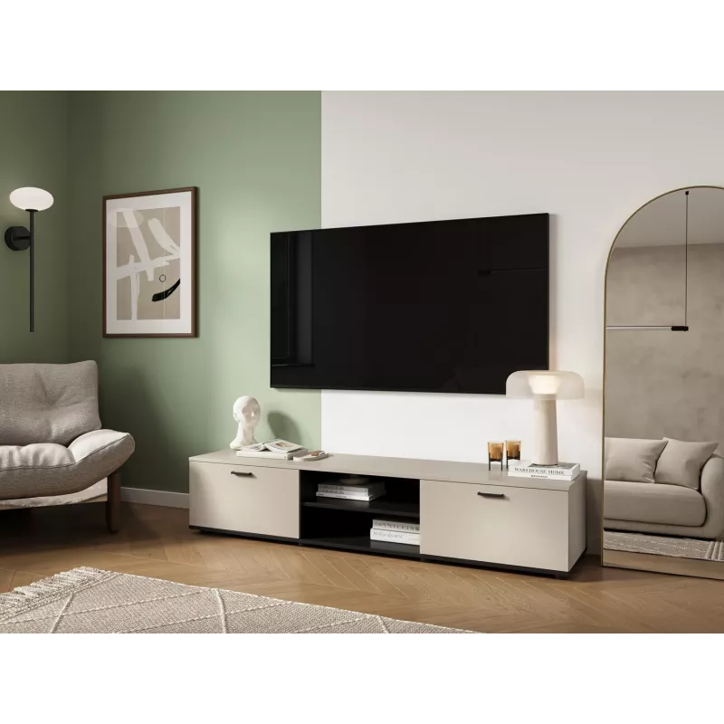 TV skapis Cama Meble SOHO 180x43x37 cm — smilškrāsas virsma, melns rāmis