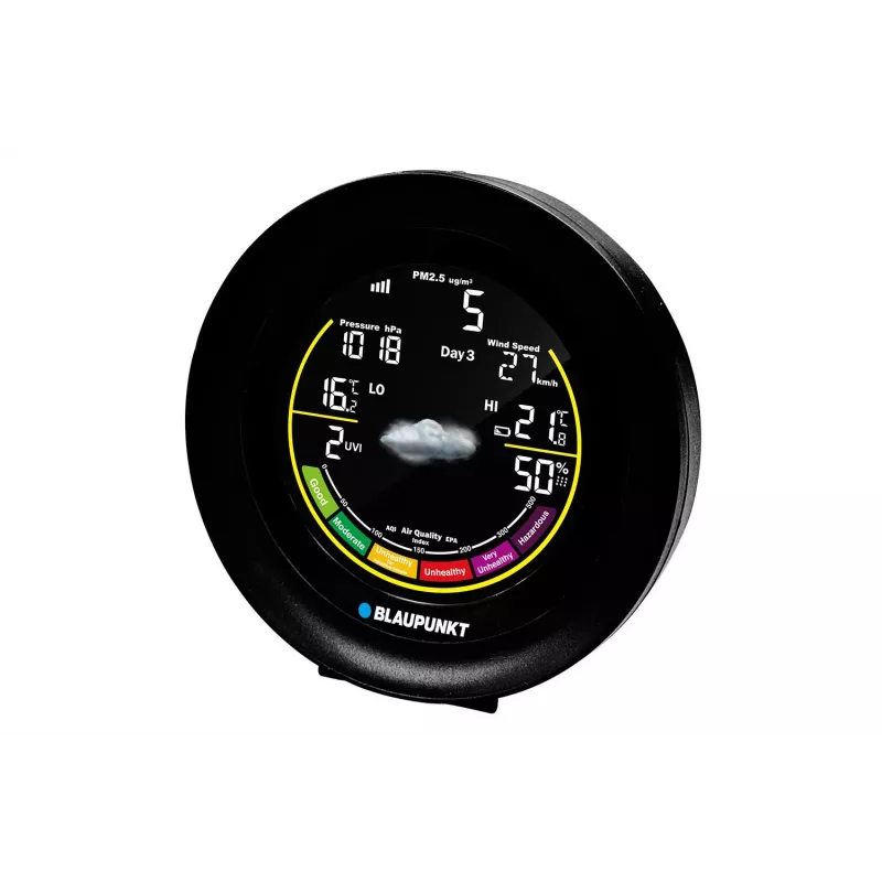 Laika stacija BLAUPUNKT WS35BK APP — LCD displejs, temperatūra un mitrums, modinātājs, kalendārs, lietotnes savienojums, 94×94×27 mm