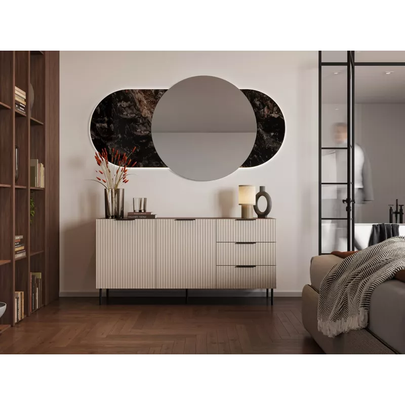 Kumode ALMERA 156×42×75 cm, valrieksts/krems, 3 atvilktnes, skaidu plātne