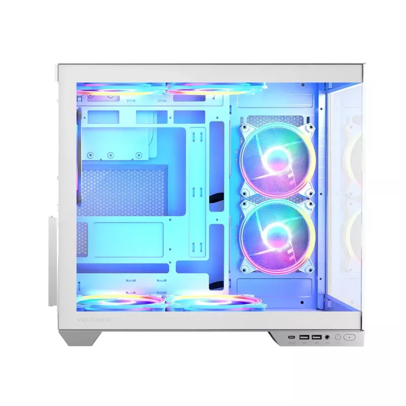 PC korpuss MODECOM Volcano Panorama Midi Tower balts — micro ATX, rūdīts stikls, ARGB, USB-C, atbalsta GPU līdz 400 mm