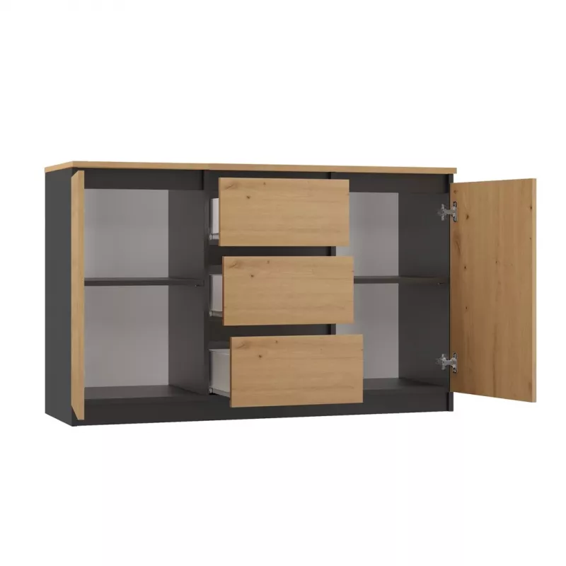 Kumode Topeshop 2D3S ANT/ART BA KPL — antracīts un ozols, 3 atvilktnes, skaidu plātnes rāmis