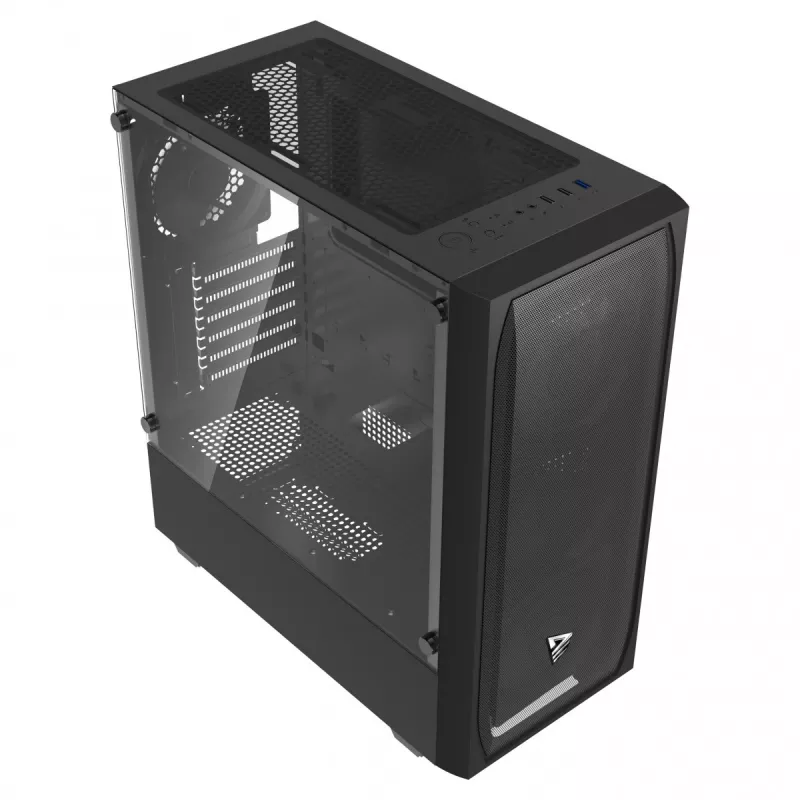 PC korpuss SAVIO Noctis Flow — Cube Mini-ITX/Micro-ATX/ATX, 3x120mm priekšā, 1x120mm aizmugurē, 2x3.5 collu + 3x2.5 collu sloti, rūdīts stikls
