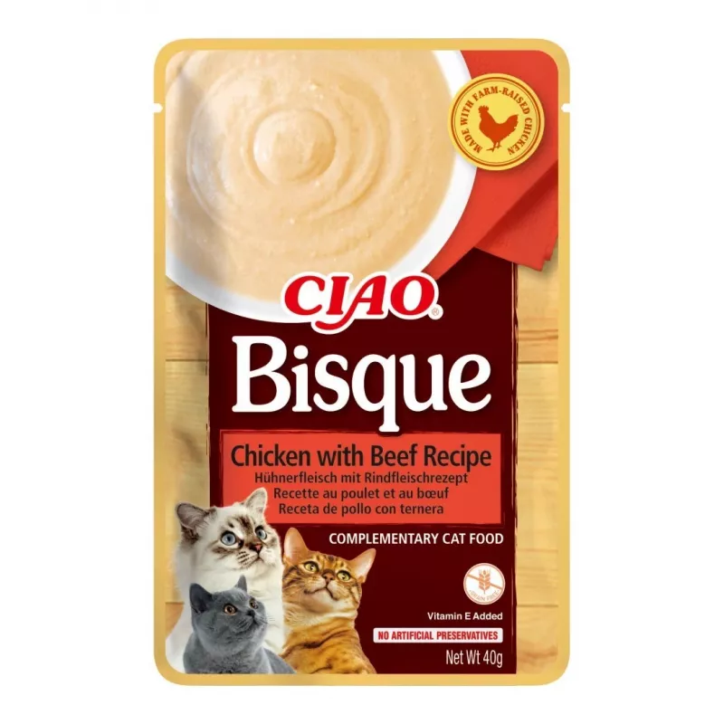 Slapjš kaķu gardums INABA CIAO Bisque — Tuncis, liellopu gaļa, vista 40 g maisiņi, 24 iepakojumā