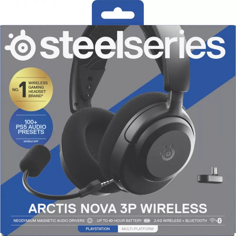 SteelSeries Arctis Nova 3P Wireless bezvadu austiņas spēlētājiem, Bluetooth/2,4 GHz, melnā krāsā