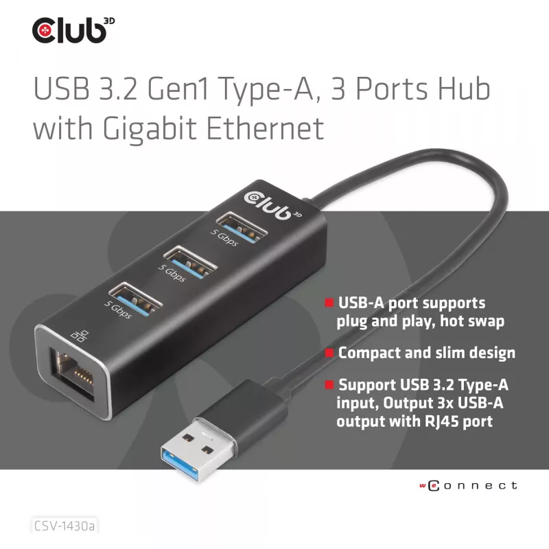 USB Hubs CLUB3D USB 3.2 Gen1 Type-A 3 Porti ar Gigabit Ethernet