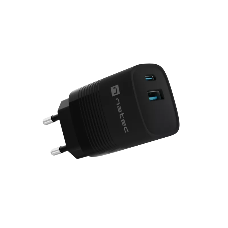 NATEC vadu mobilās ierīces lādētājs NUC-2141, 30W, USB-C PD 3.0 + USB-A QC 3.0, 110–240V, melns