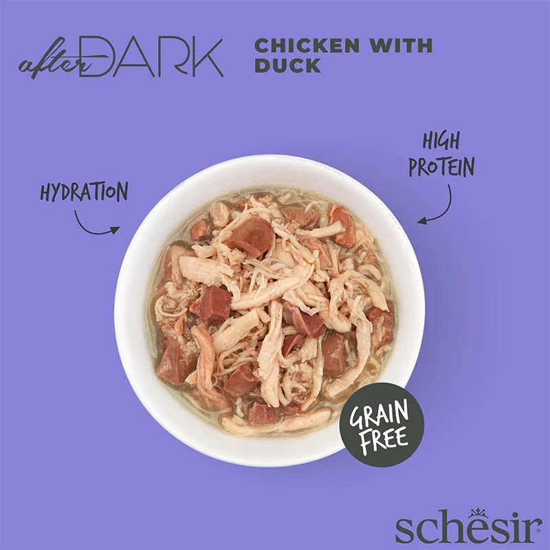Slapjš kaķu barības buljons Schesir after Dark Complete Brühe 80 g – vistas, bezgraudu, bez lipekļa un sojas