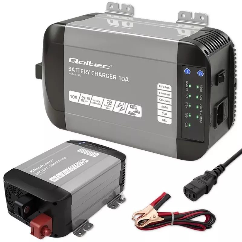 Qoltec 51952 viedais Monolith akumulatoru lādētājs LiFePO4/AGM/GEL/SLA, 10 A, 24 V