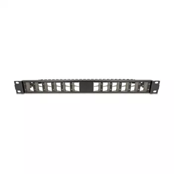 DELOCK 19 collu Keystone Sadales Panelis 24 porti leņķveida ar kabeļu atslogošanu, 1U, melns, 482.6×125.5×44.2 mm