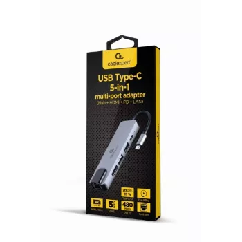 Dock klēpjdatoram Gembird A-CM-COMBO5-04 — USB 3.2 Gen 1 Type-C, 5 Gbit/s, PD 87 W, HDMI, Ethernet, USB-A